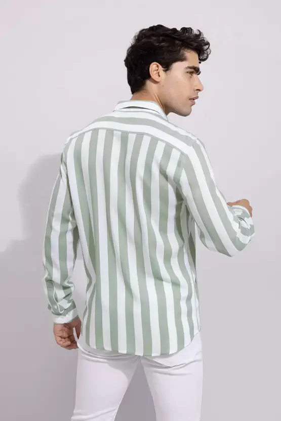 Casual Green Striped Shirt For Men - Image 2