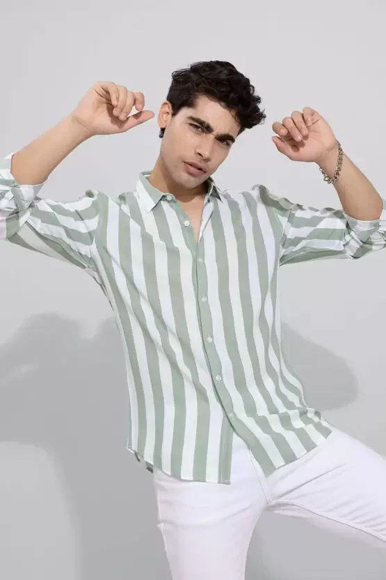 Casual Green Striped Shirt For Men - Image 3