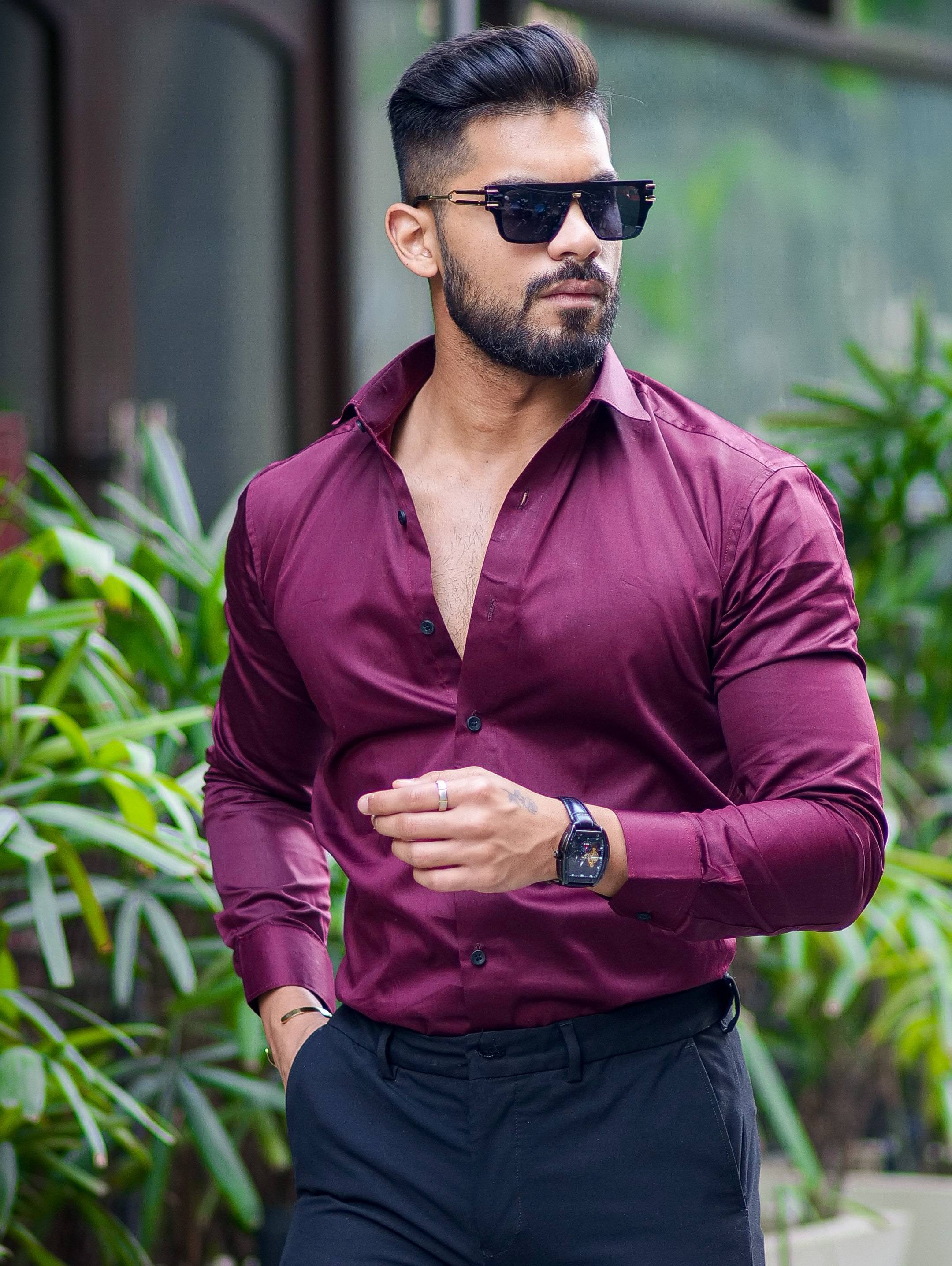 FORMY DARK WINE BERRY REGULAR FIT LUXURY SATIN SHIRT FOR MEN'S - Image 2