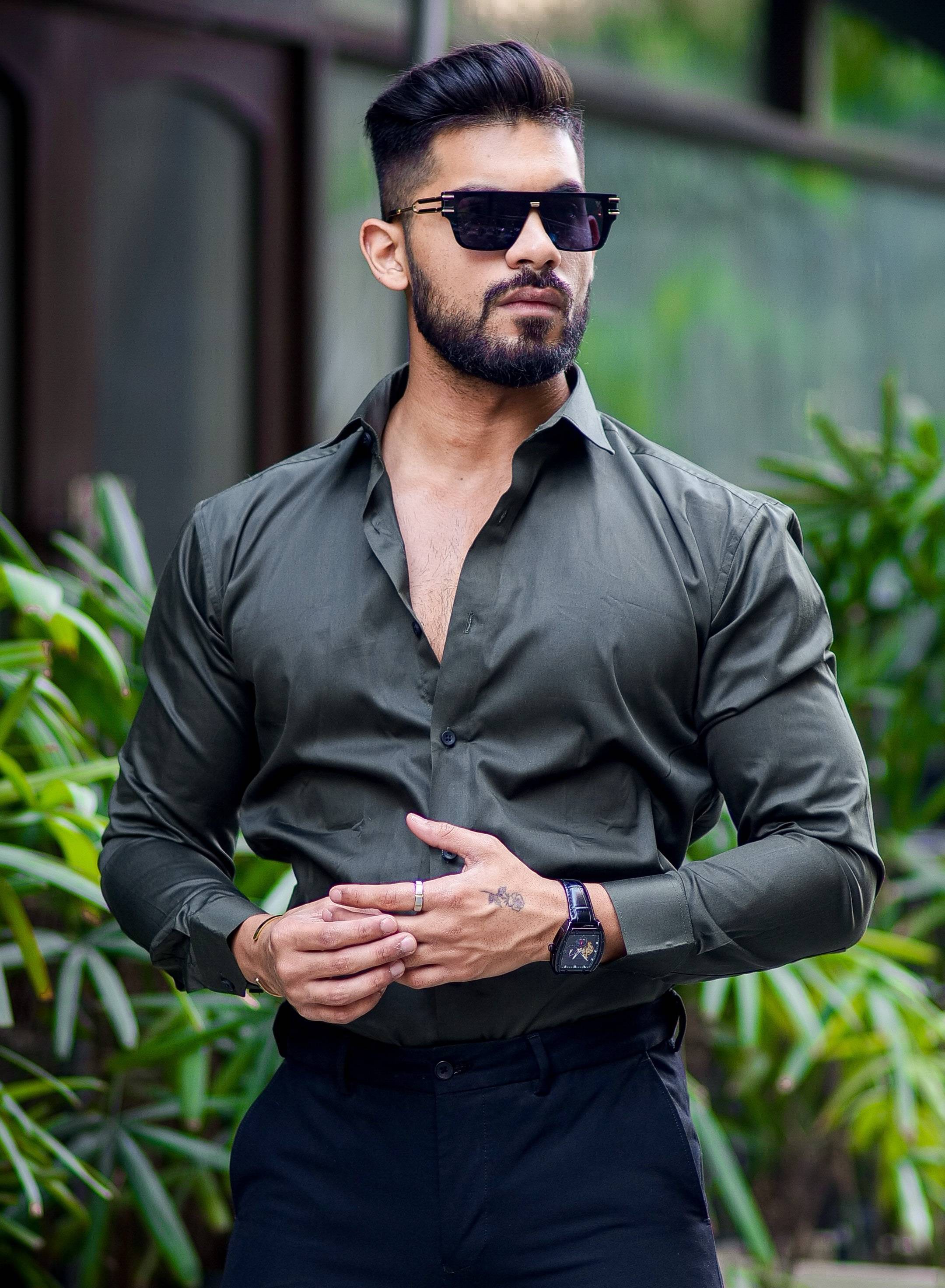 FORMY OLIVE GREEN LUXURY FORMAL SATIN COTTON SHIRT FOR MEN'S - Image 2