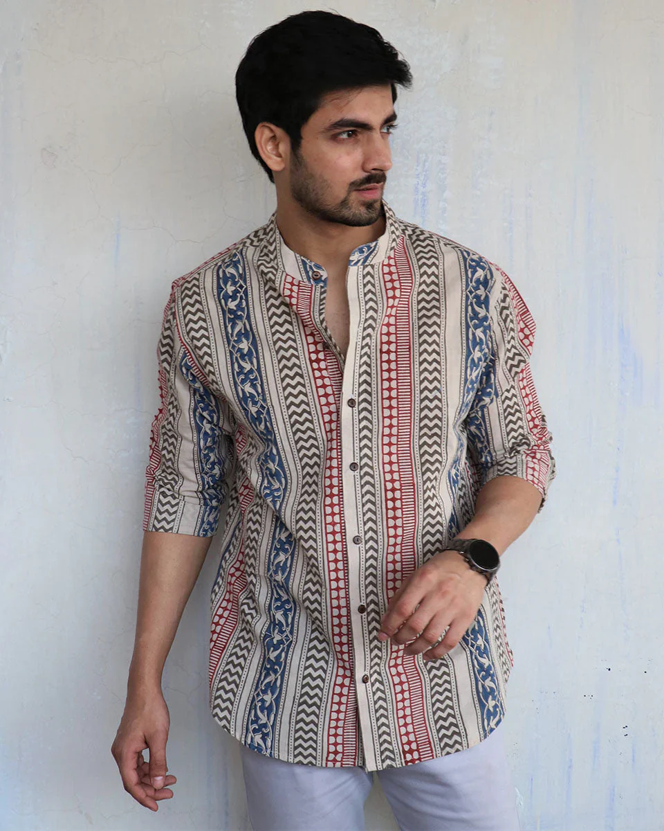 IVORY BLOCK-PRINTED MEN'S SHIRT - Image 3