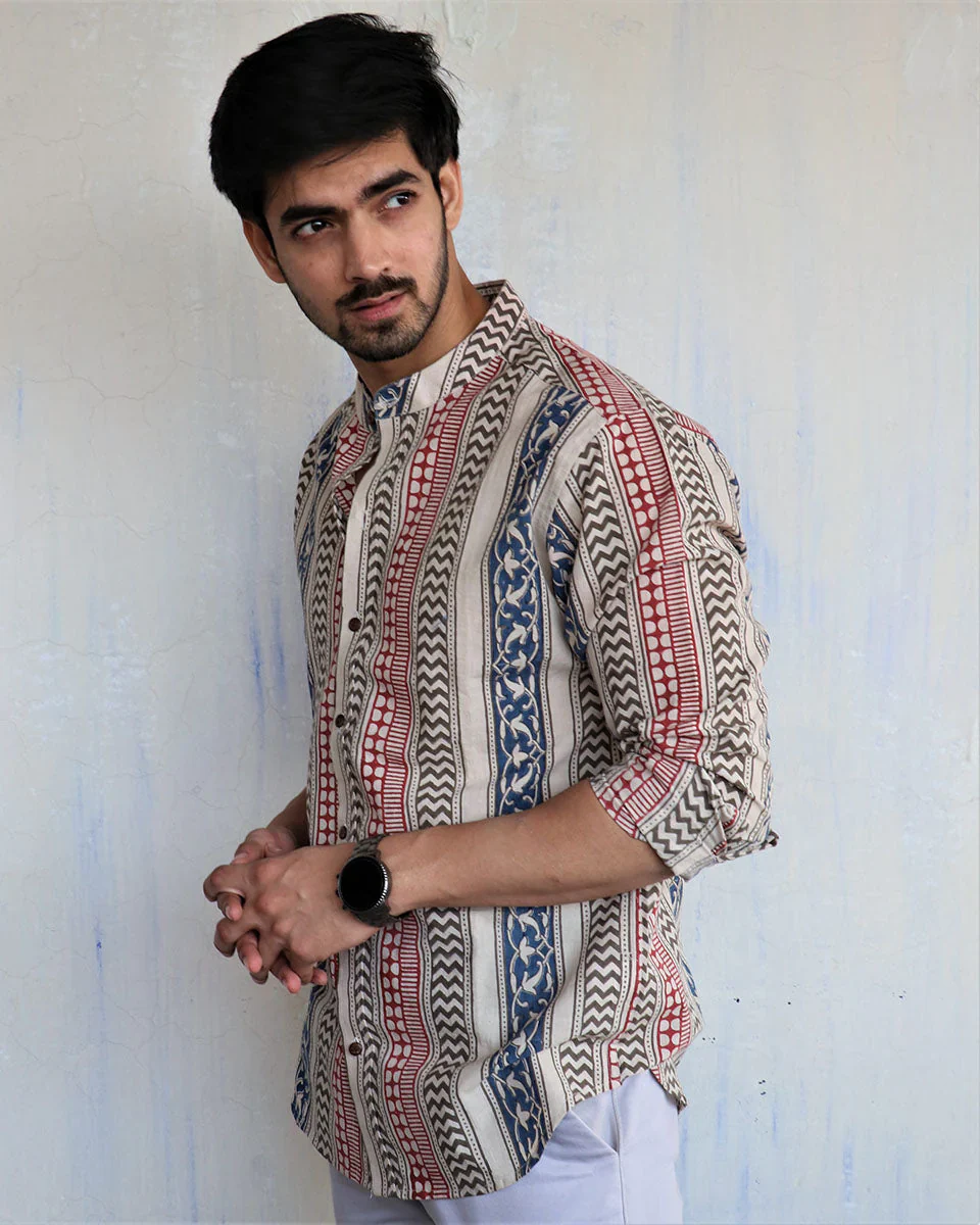 IVORY BLOCK-PRINTED MEN'S SHIRT - Image 4