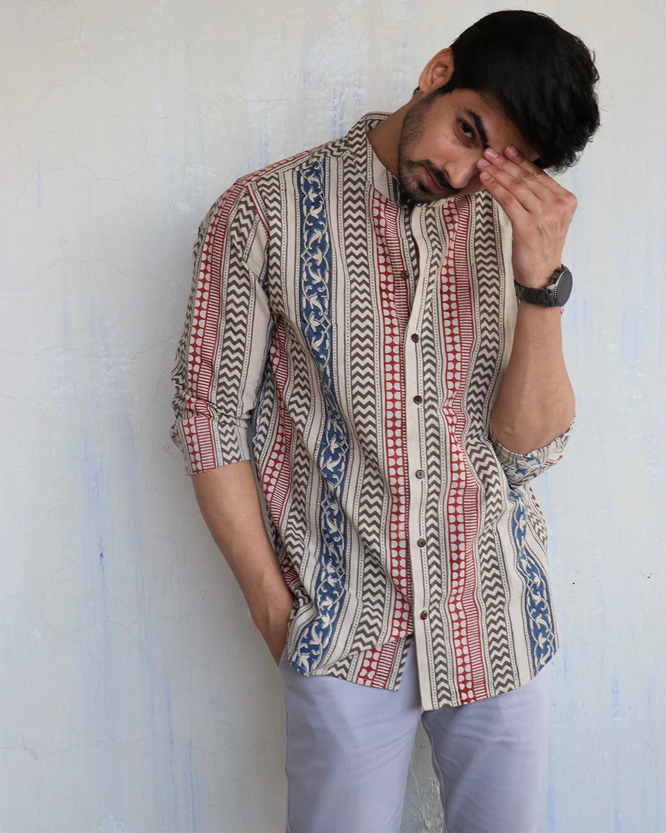 IVORY BLOCK-PRINTED MEN'S SHIRT - Image 5