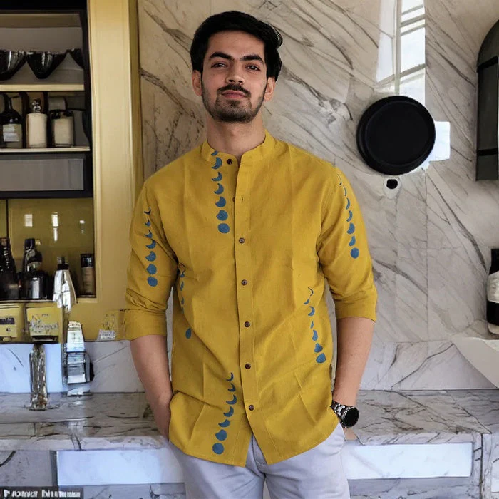 Mustard Eclipes Block-Printed Men'S Shirt - Image 2