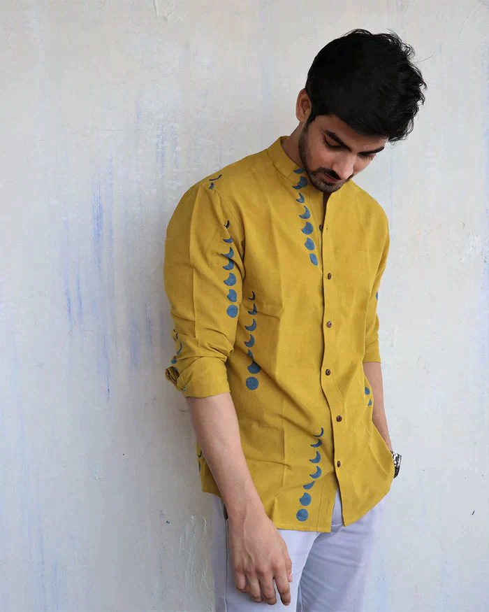 Mustard Eclipes Block-Printed Men'S Shirt - Image 5