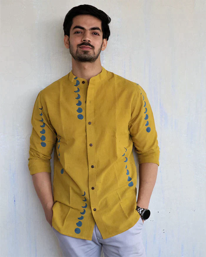 Mustard Eclipes Block-Printed Men'S Shirt - Image 6