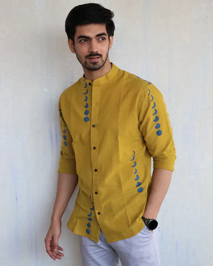 Mustard Eclipes Block-Printed Men'S Shirt - Image 7